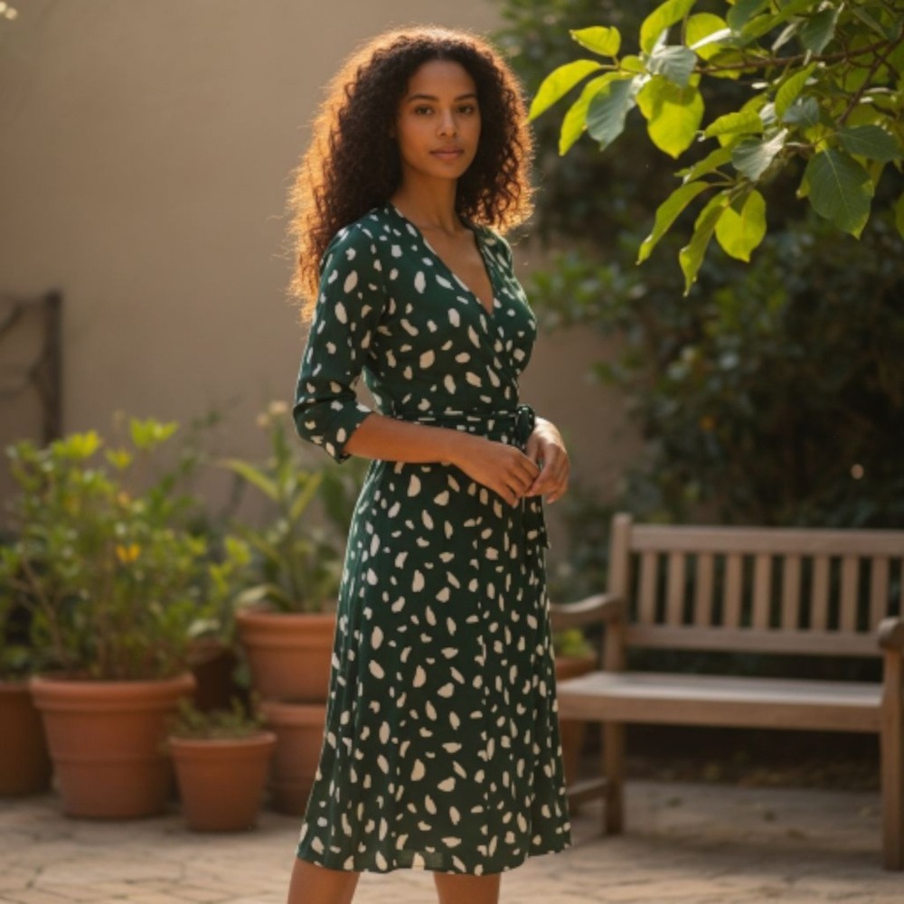 Reformation Dress Womens Small‎ Green Wrap Midi 3/4 Sleeve Tie Waist Dot Print